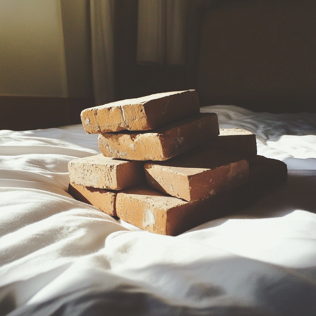 Briques sur un lit d'hôtel | Source : Midjourney