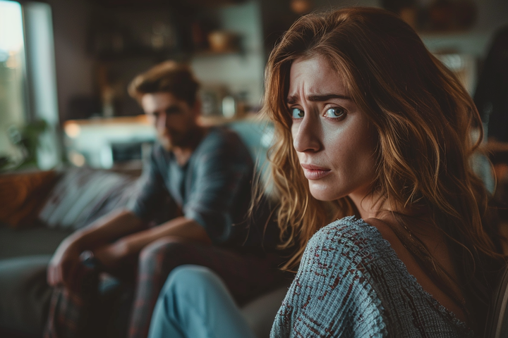 Une femme frustrée et un homme assis sur le canapé | Source : Midjourney