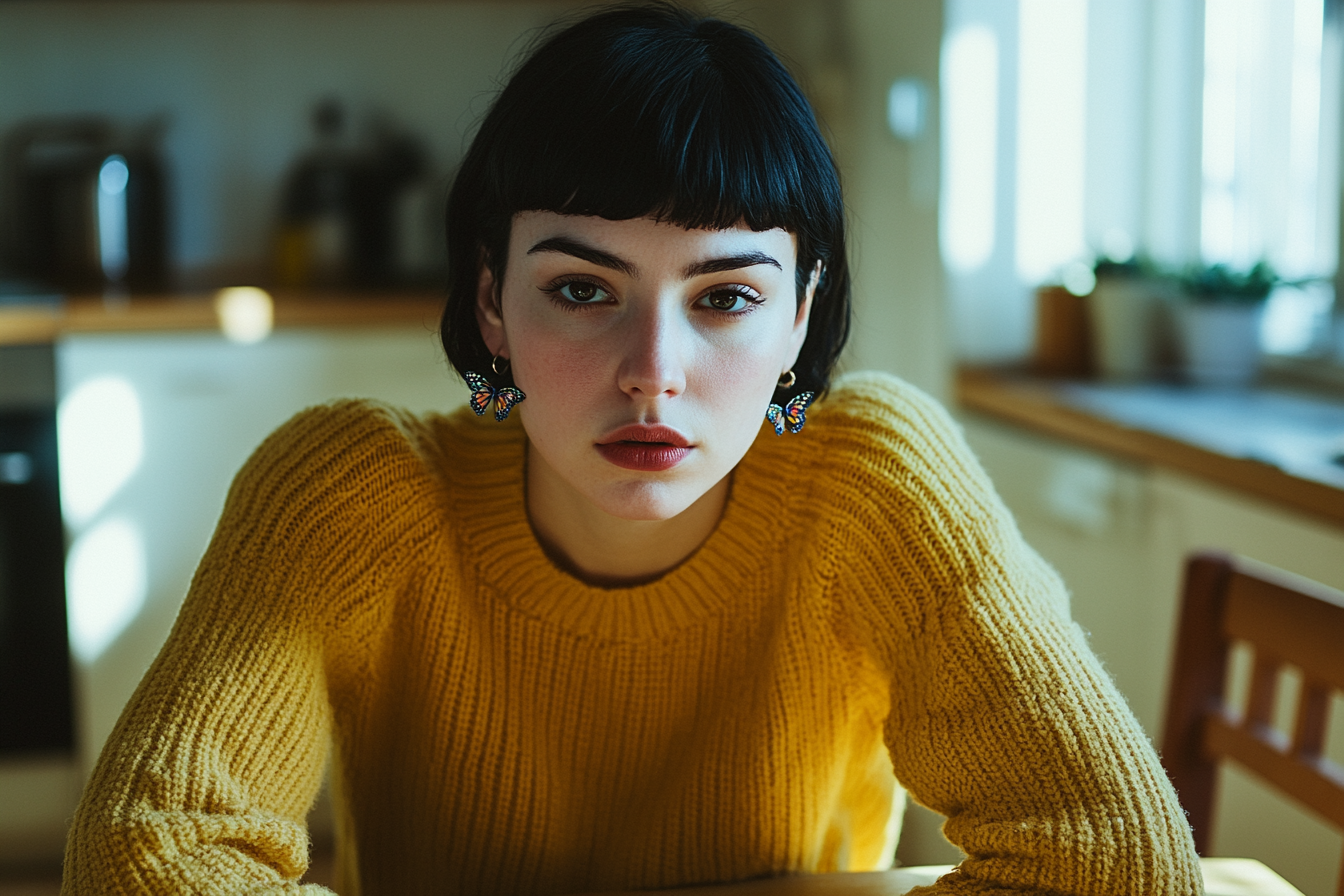 Une femme d'une trentaine d'années portant un pull jaune et ayant l'air sérieux, assise à la table de la cuisine | Source : Midjourney