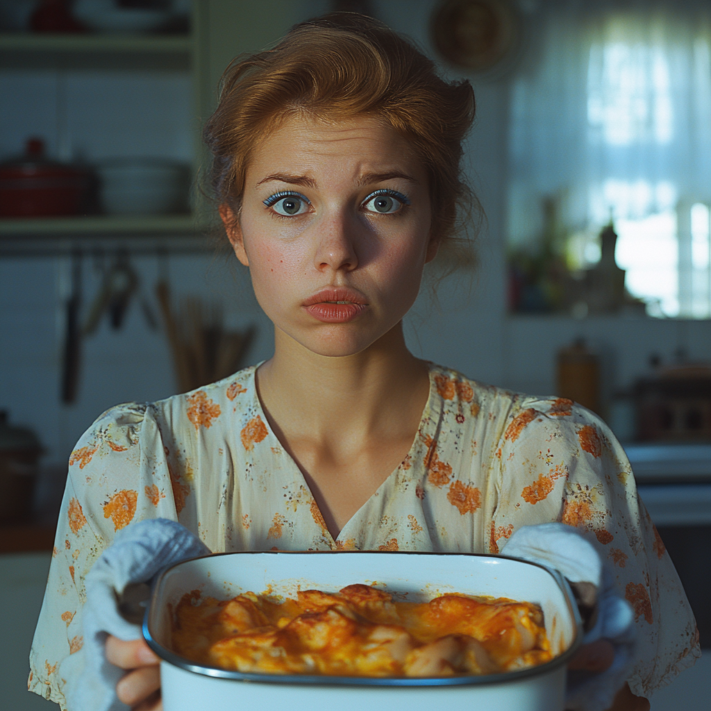 Une femme surprise tenant une casserole | Source : Midjourney