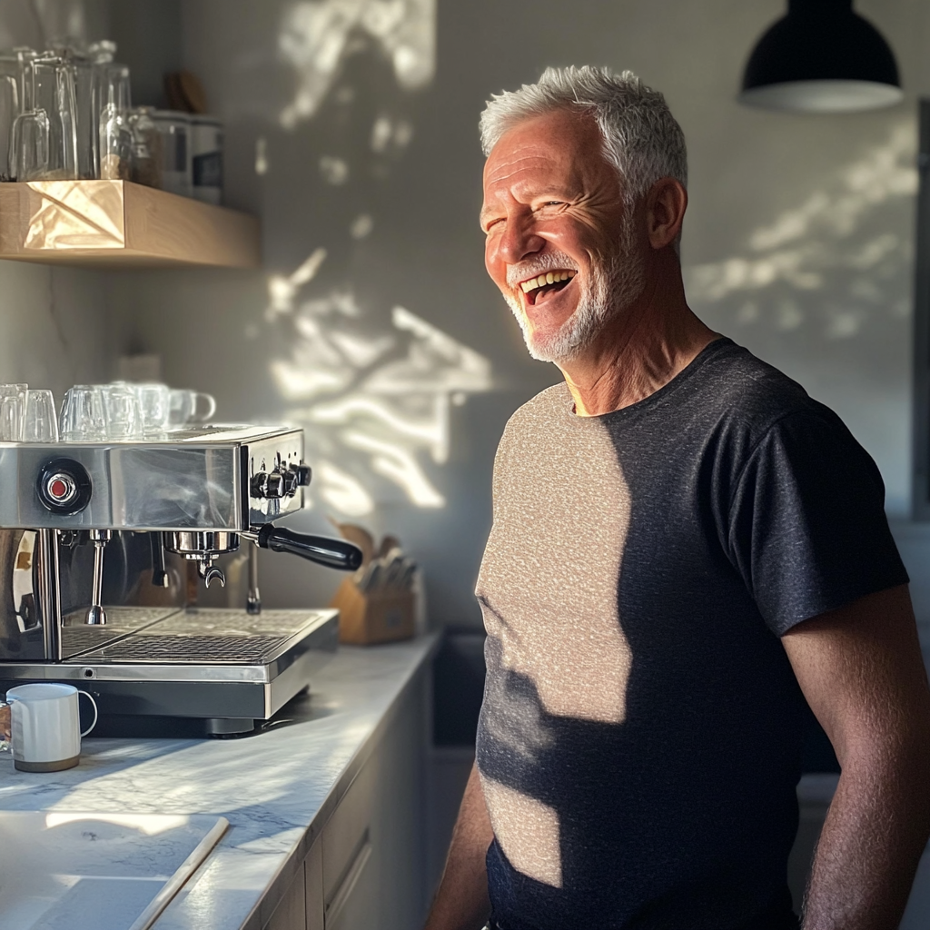 Un homme qui rit dans une cuisine | Source : Midjourney