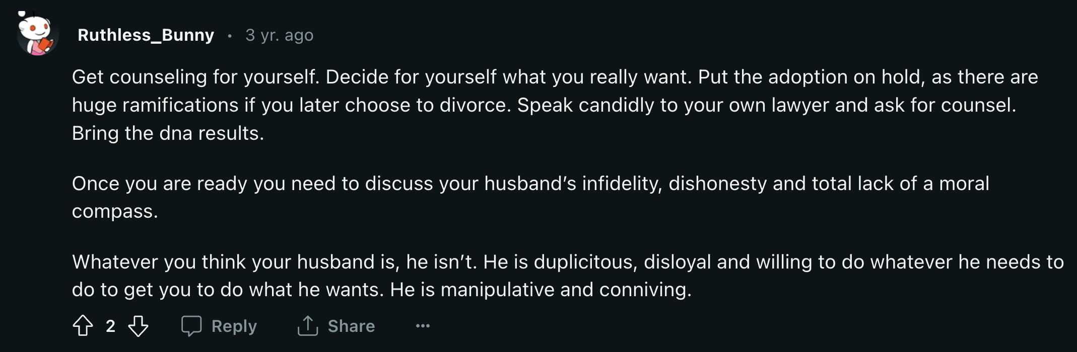 Capture d'écran d'un commentaire sur l'histoire de la femme | Source : Reddit/relationship_advice