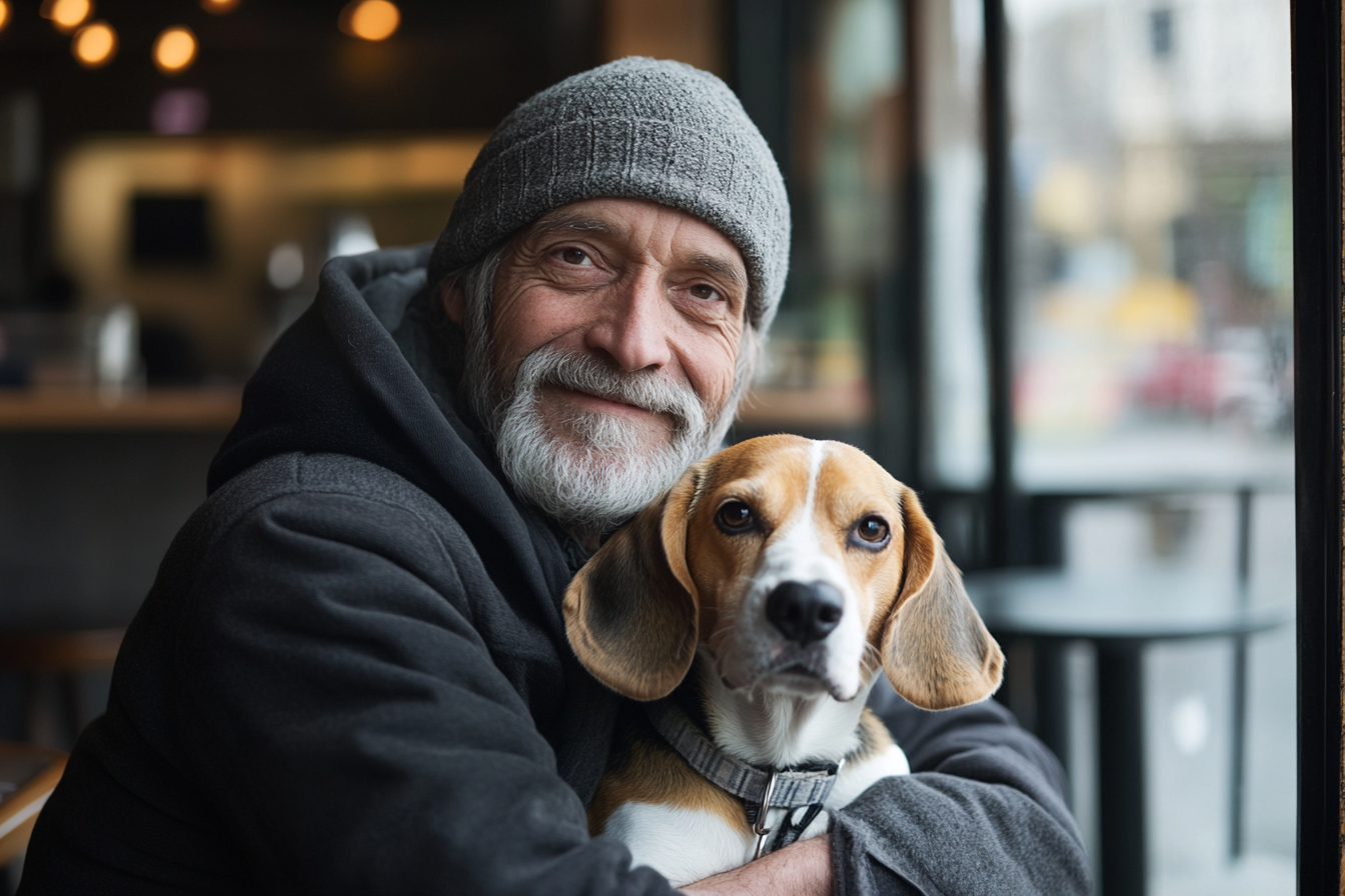 Un sans-abri serrant un chien dans ses bras à l'intérieur d'un café et souriant | Source : Midjourney