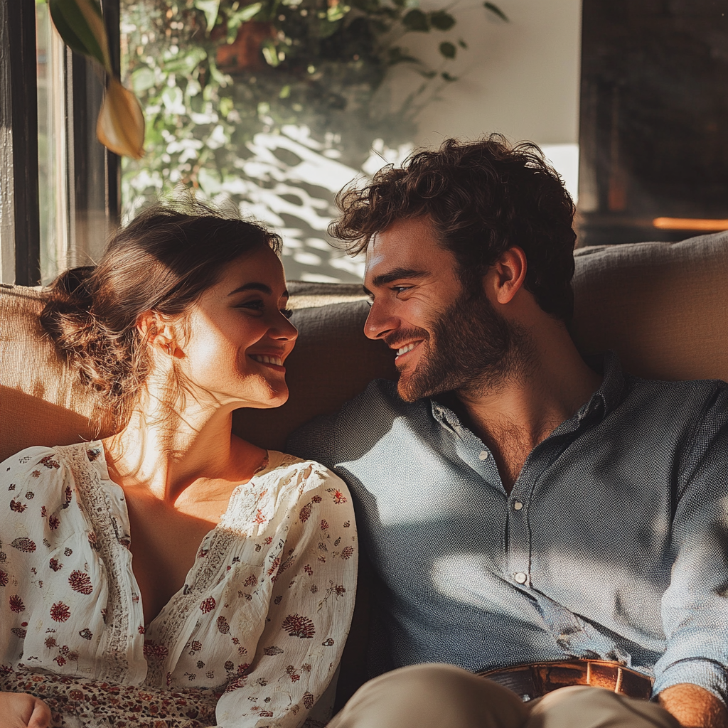 Un couple heureux qui discute sur le canapé | Source : Midjourney