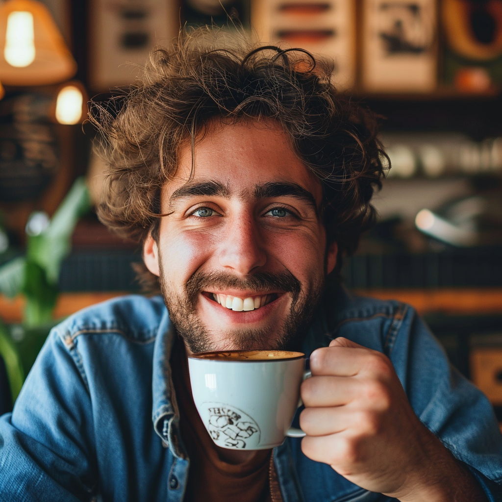 Un homme souriant tenant une tasse | Source : Midjourney