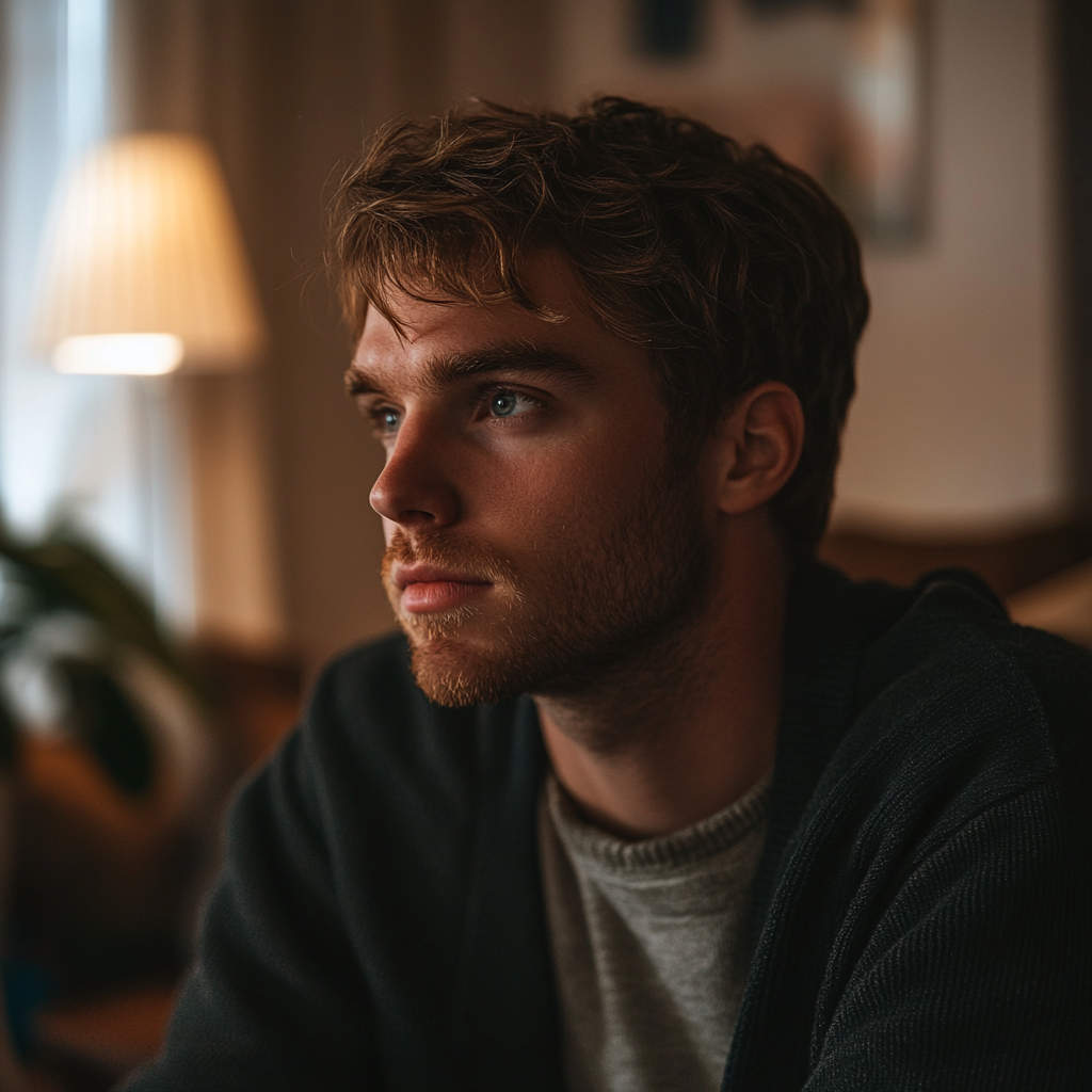 Un homme pensif assis dans le salon | Source : Midjourney