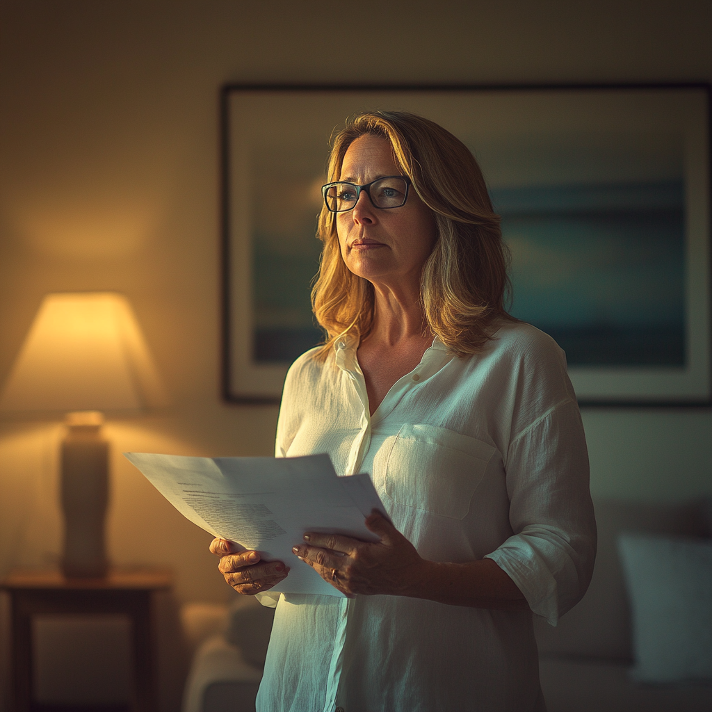 Une femme tenant des papiers dans ses mains | Source : Midjourney