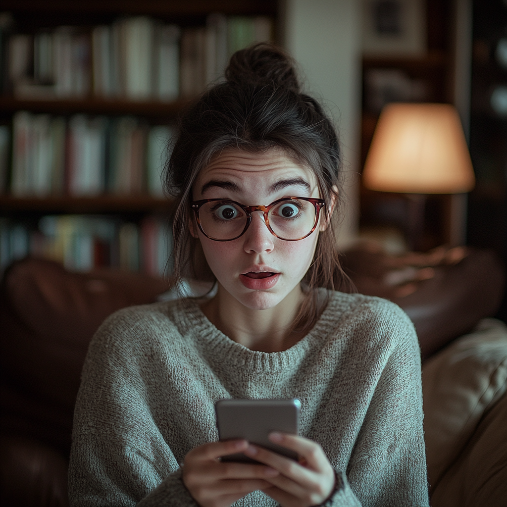 Une femme choquée qui regarde son téléphone | Source : Midjourney