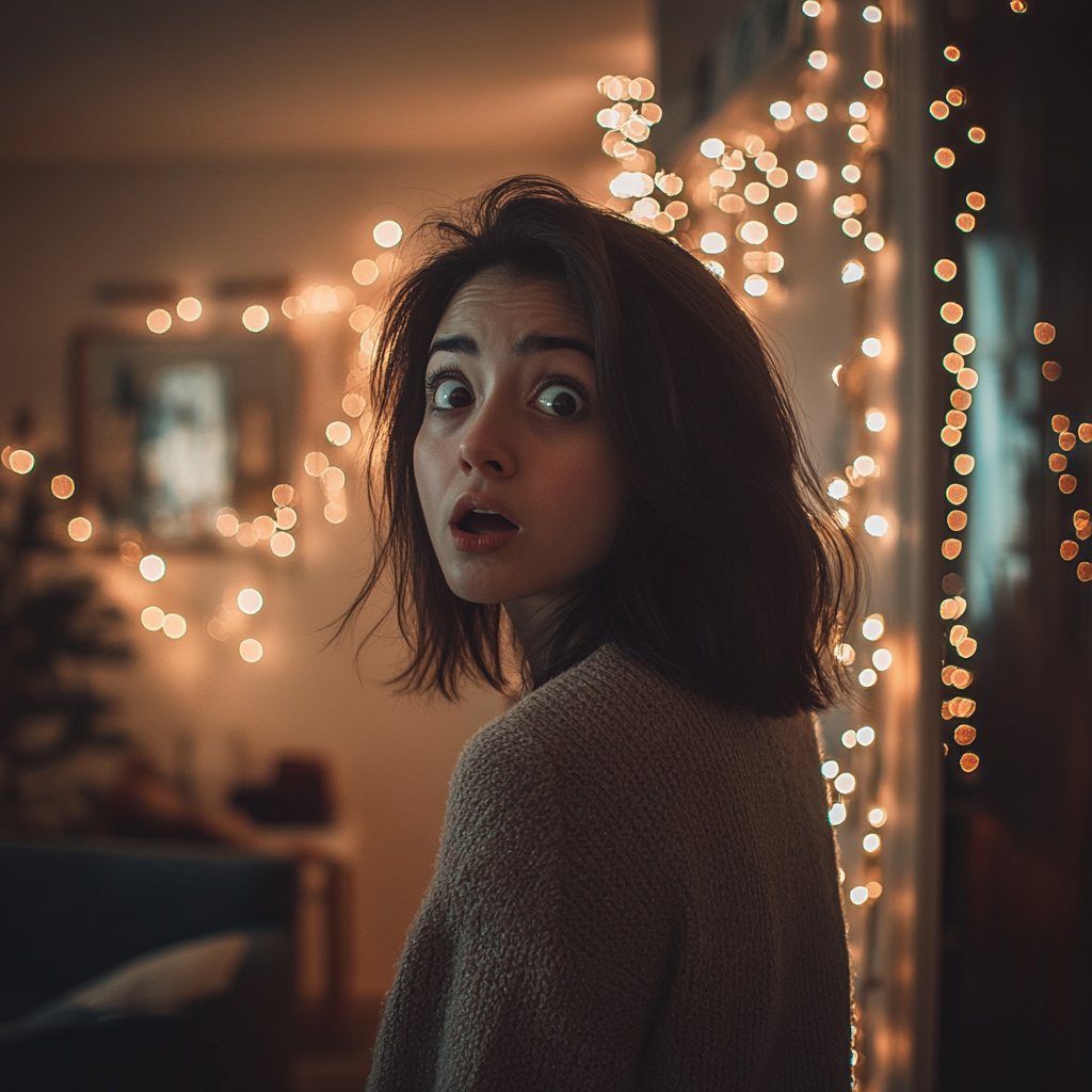 Une femme choquée dans son salon | Source : Midjourney