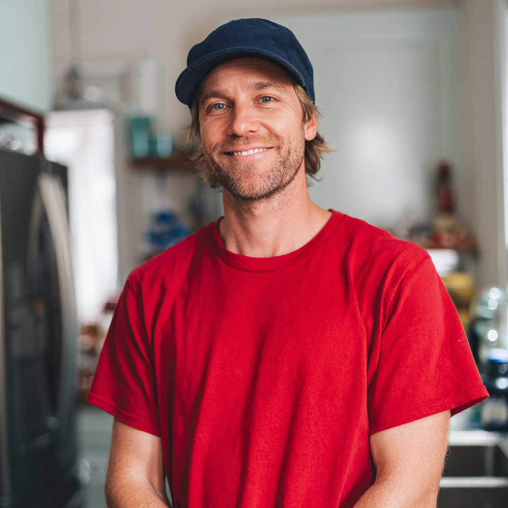 Un homme souriant debout dans une cuisine | Source : Midjourney