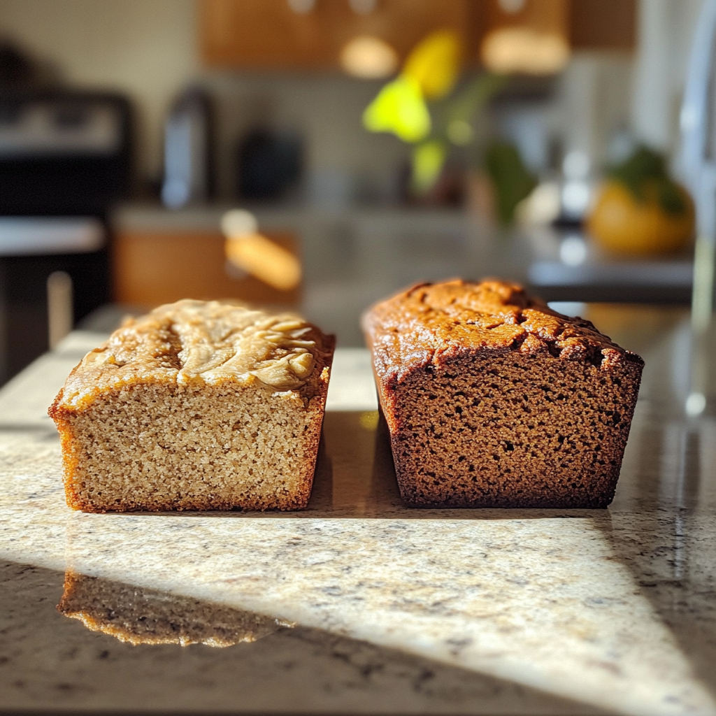 Une miche de pain à la banane et une miche de pain à la citrouille sur un comptoir | Source : Midjourney