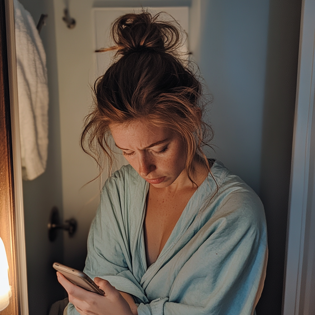 Une femme bouleversée debout dans une salle de bain | Source : Midjourney