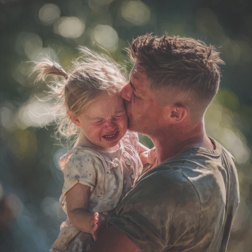 Un papa tenant sa fille en pleurs dans un parc | Source : Midjourney