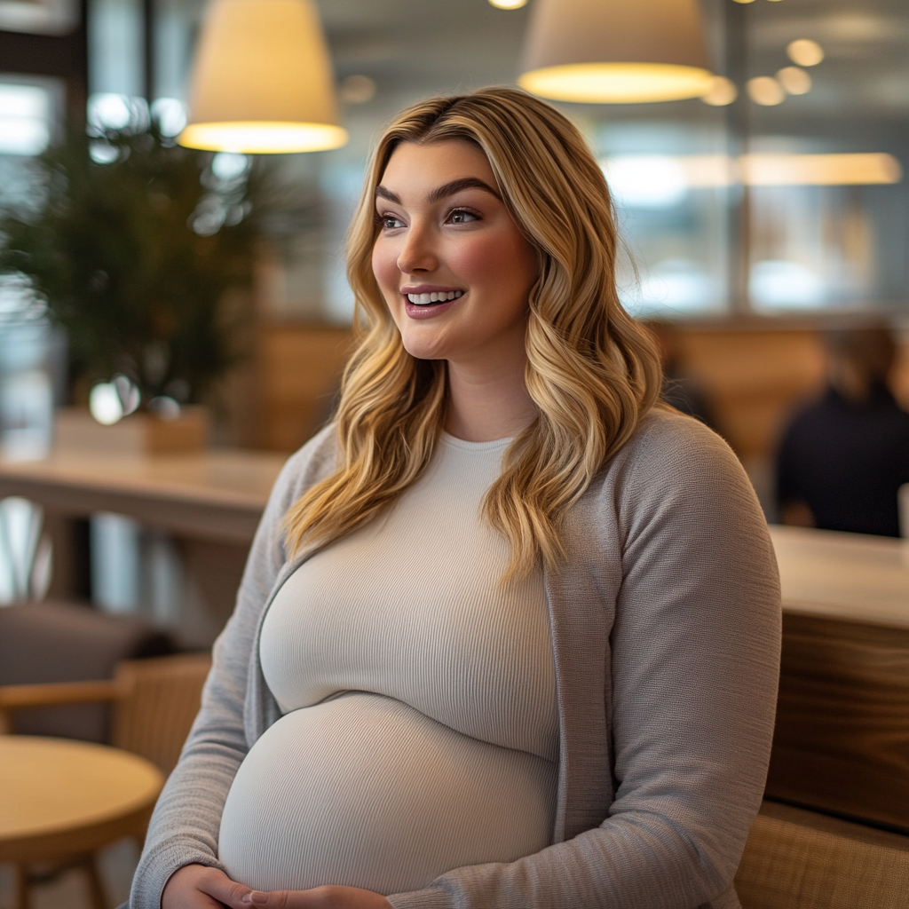 Une femme enceinte sourit alors qu'elle est assise dans un petit café et qu'elle discute avec quelqu'un | Source : Midjourney