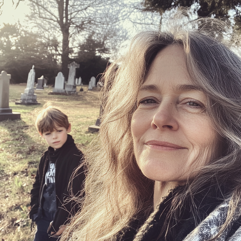 Une femme âgée et un garçon dans un cimetière | Source : Midjourney