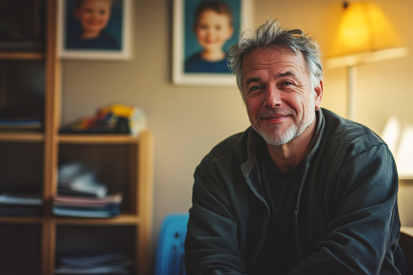 Homme souriant dans un bureau d'un centre pour enfants | Source : Midjourney