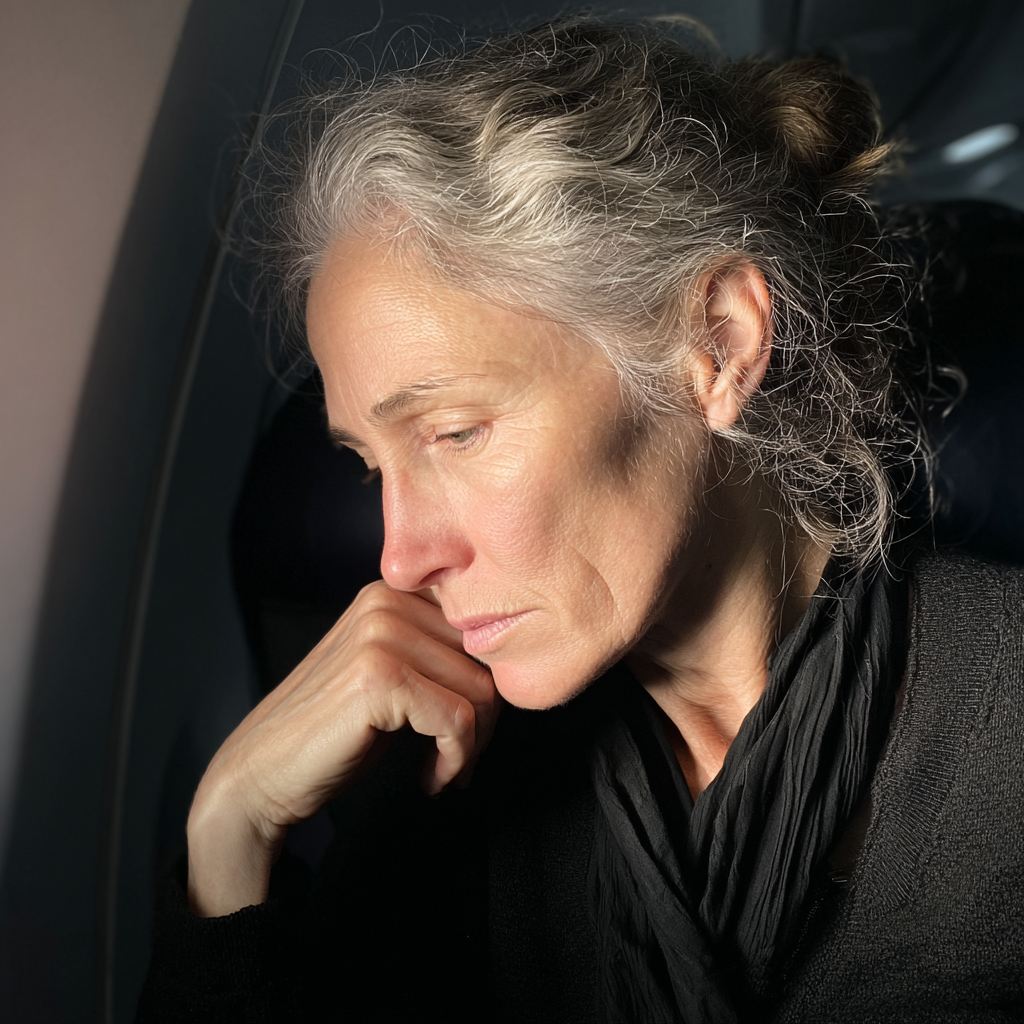 Une femme pensive assise dans un avion | Source : Midjourney