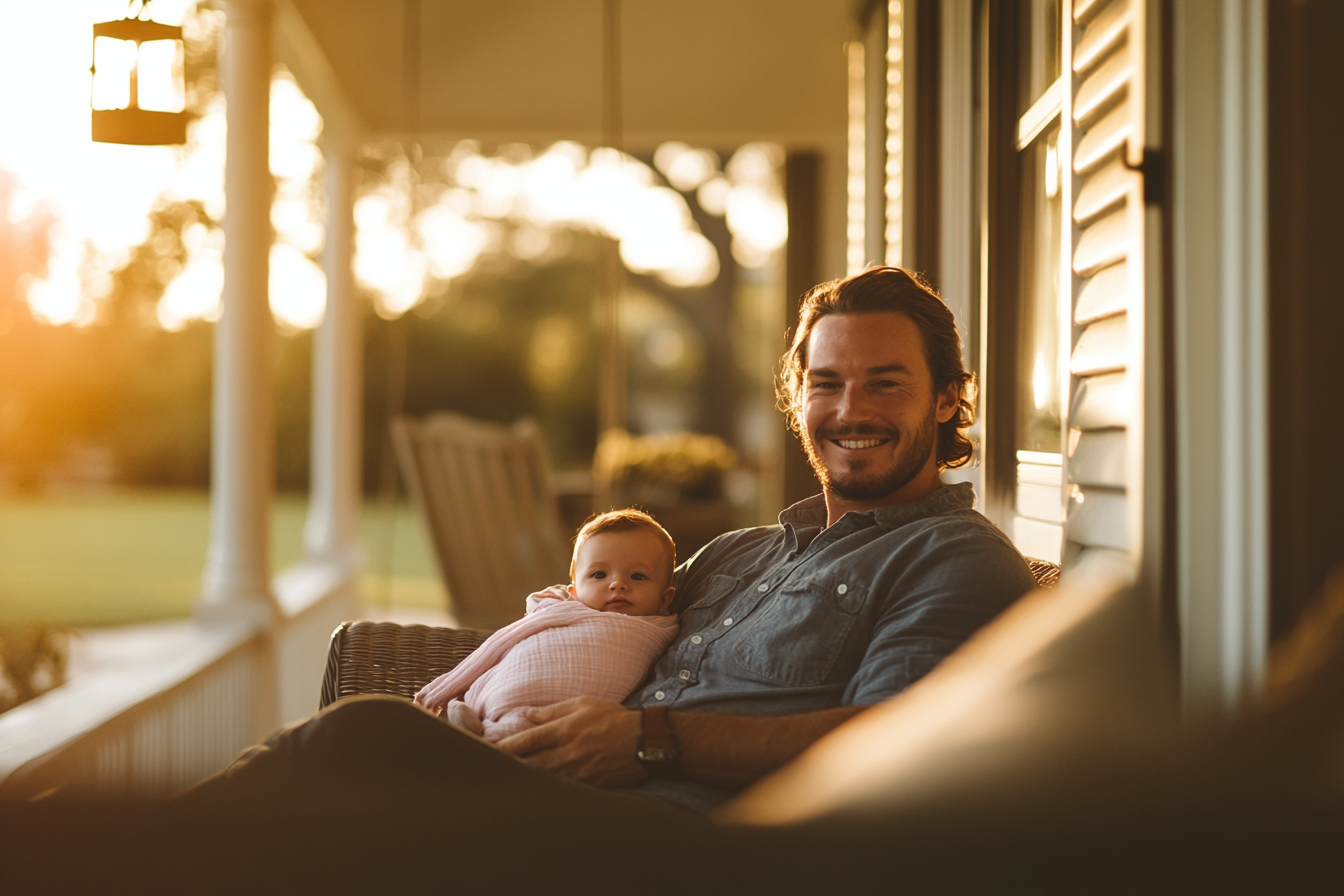 Un homme est assis sous un porche et sourit en tenant un bébé dans une couverture rose | Source : Midjourney