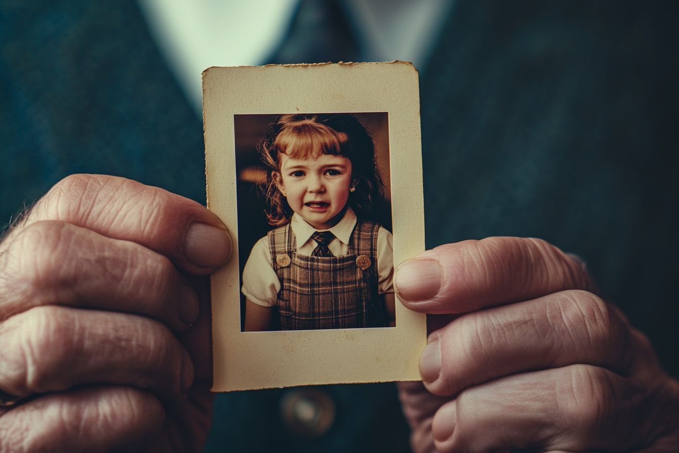 Un homme âgé tenant une photo vintage d'une petite fille en pleurs en uniforme scolaire | Source : Midjourney