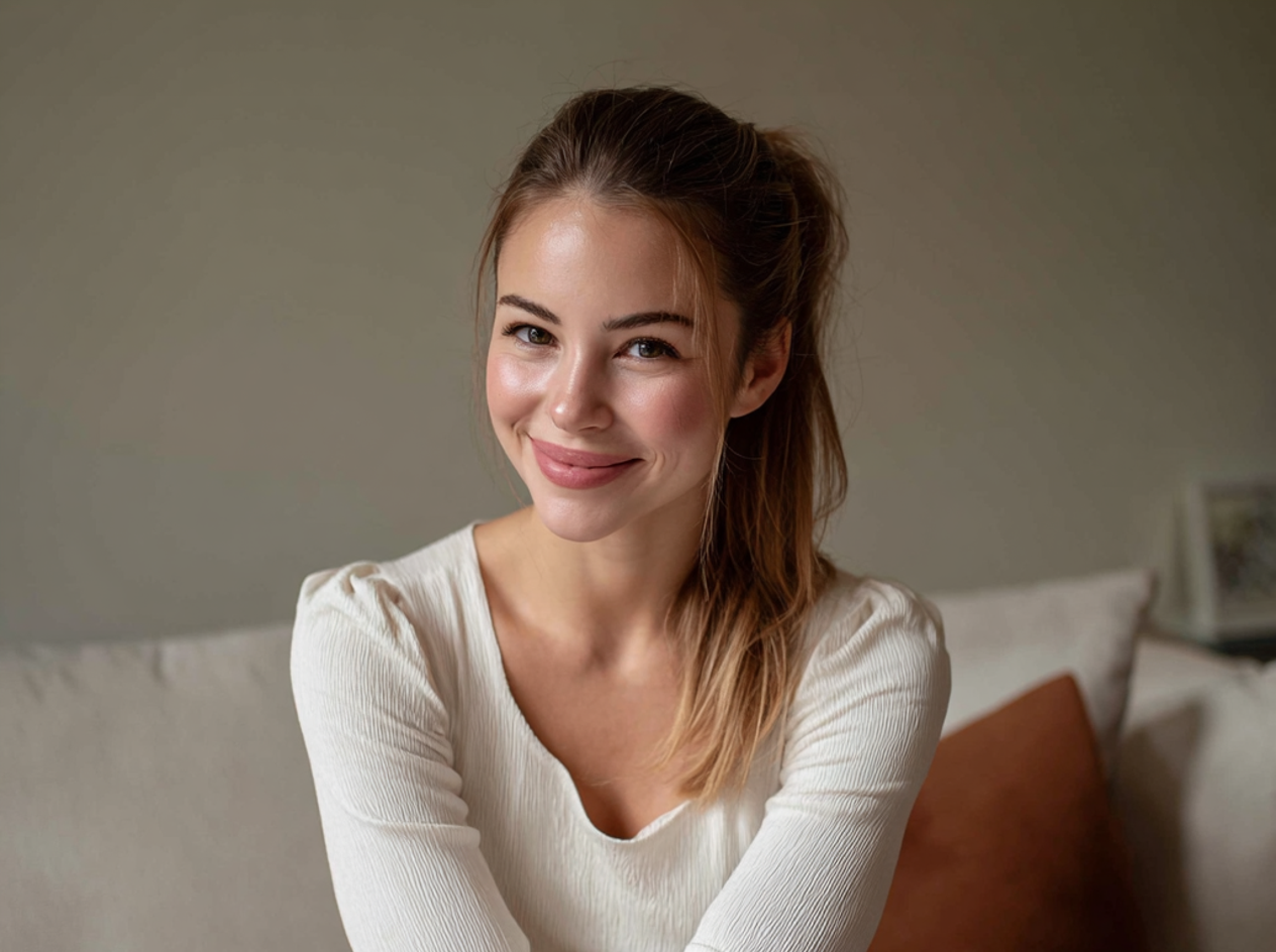 Une femme souriante assise sur un canapé | Source : Midjourney