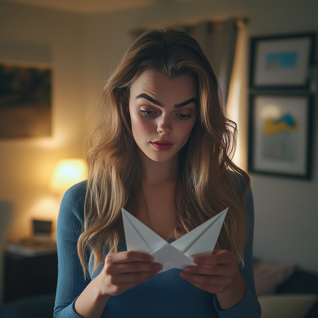 Une femme curieuse qui regarde un avion en papier dans ses mains | Source : Midjourney