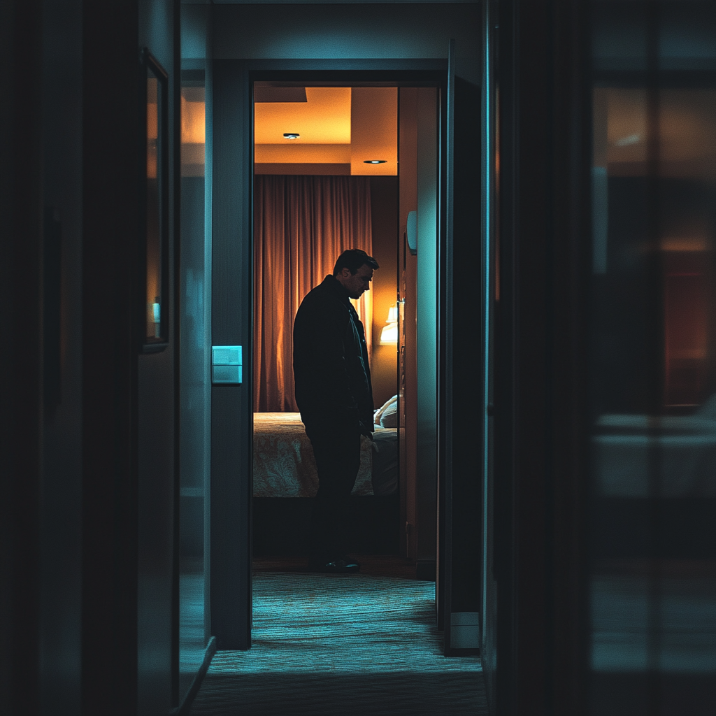 Un homme debout dans sa chambre d'hôtel la nuit | Source : Midjourney