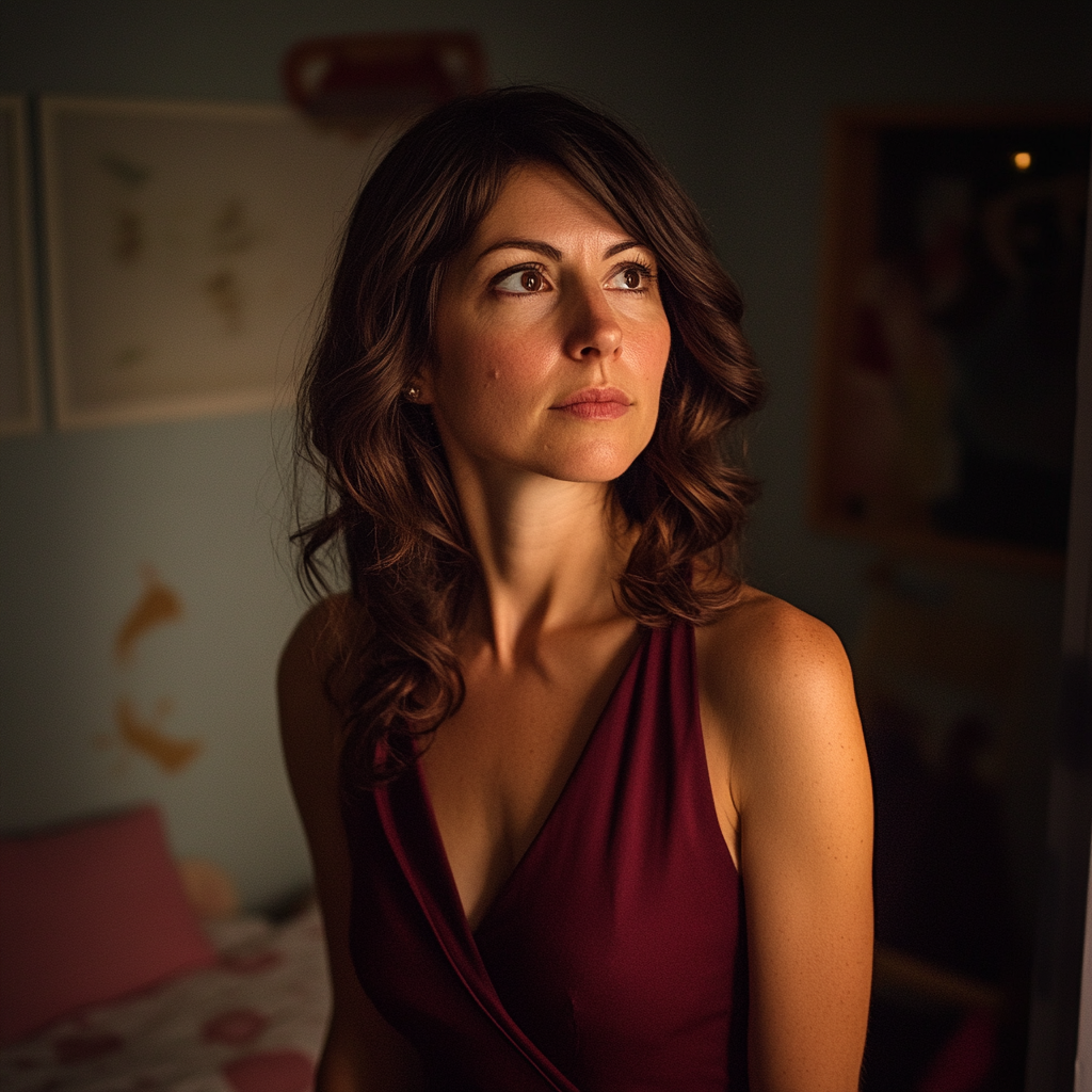 Une femme pensive debout dans une chambre à coucher | Source : Midjourney