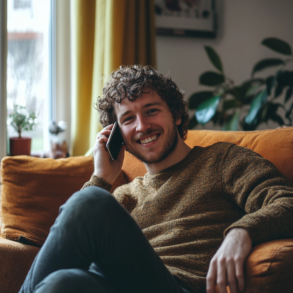 Un homme qui parle au téléphone dans son salon | Source : Midjourney