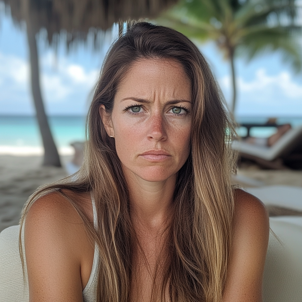 Une femme qui fronce les sourcils sur une plage | Source : Midjourney