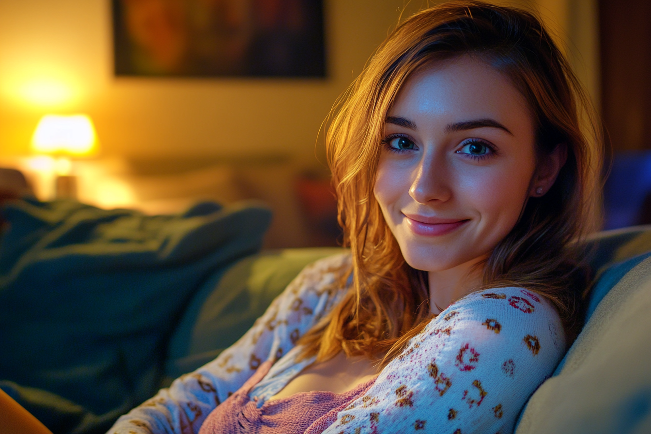 Une femme souriante assise sur un canapé | Source : Midjourney