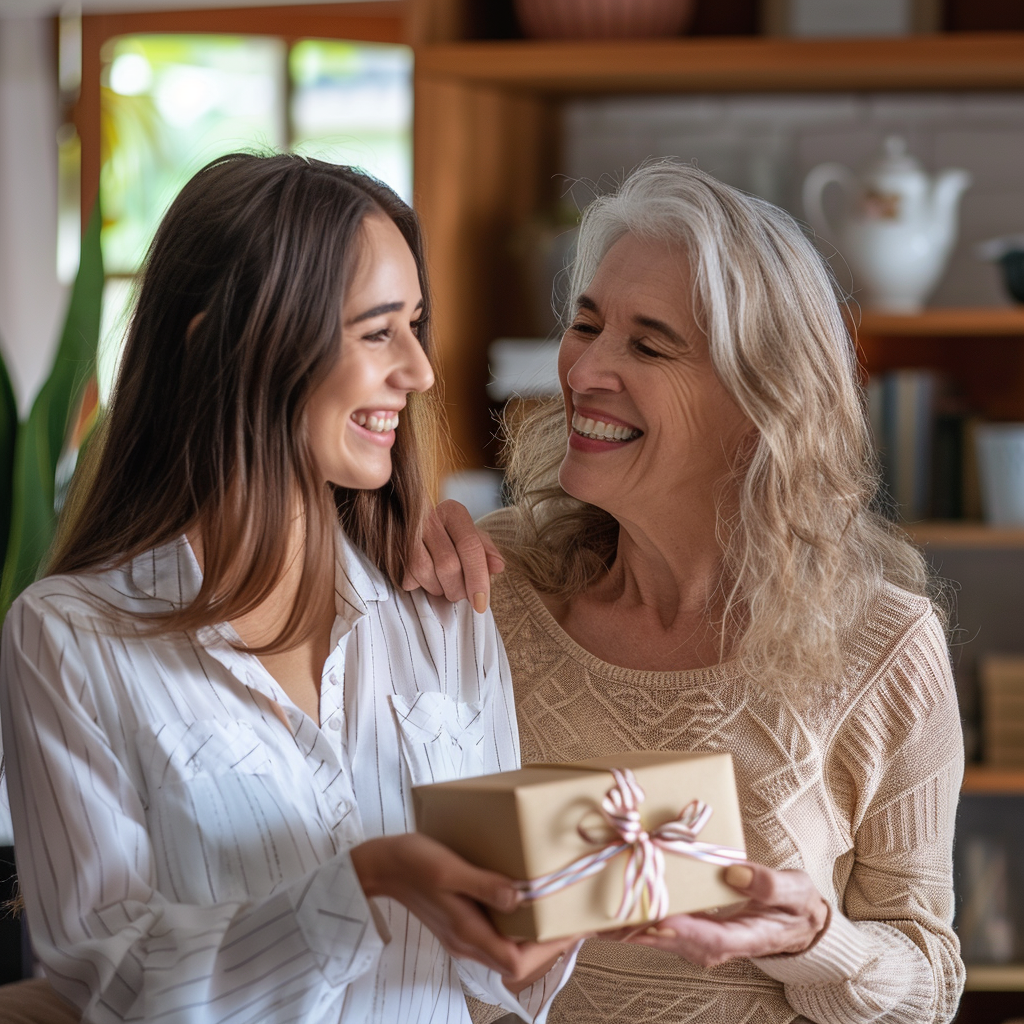 Une jeune femme offrant un cadeau à sa mère | Source : Midjourney