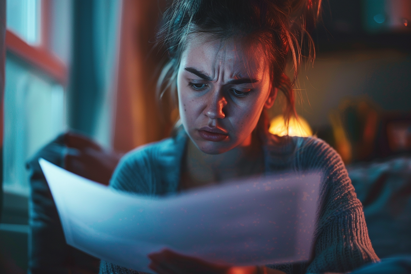 Une femme qui regarde un papier avec incrédulité | Source : Midjourney