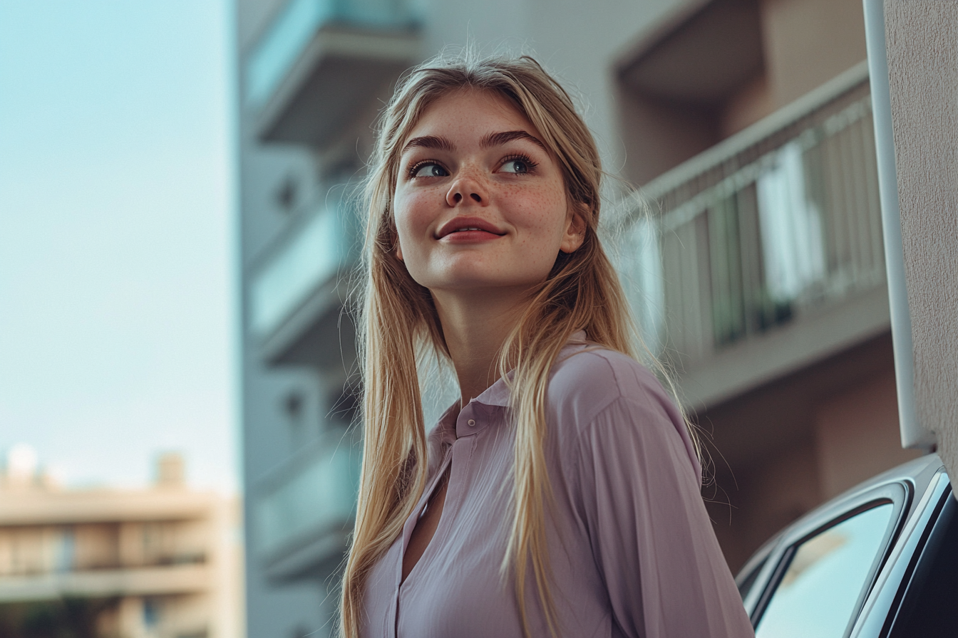 Une femme souriant à l'extérieur d'un bâtiment | Source : Midjourney