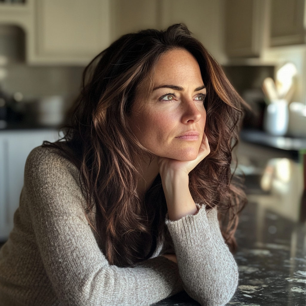 Une femme fatiguée appuyée sur un comptoir de cuisine | Source : Midjourney