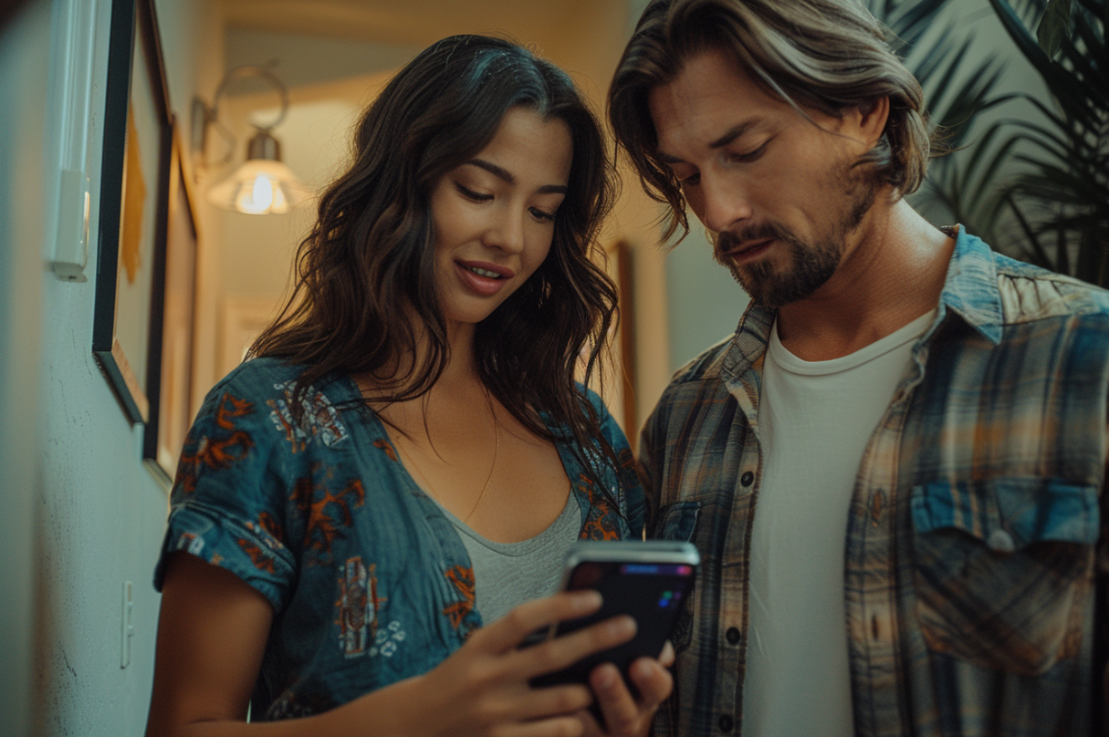Une femme montrant à un homme l'écran de son téléphone | Source : Midjourney