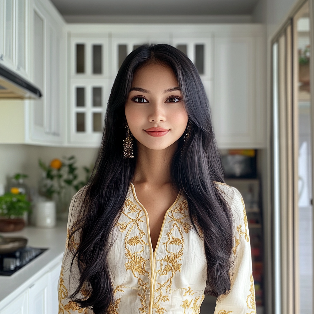 Une femme souriante debout dans une cuisine | Source : Midjourney