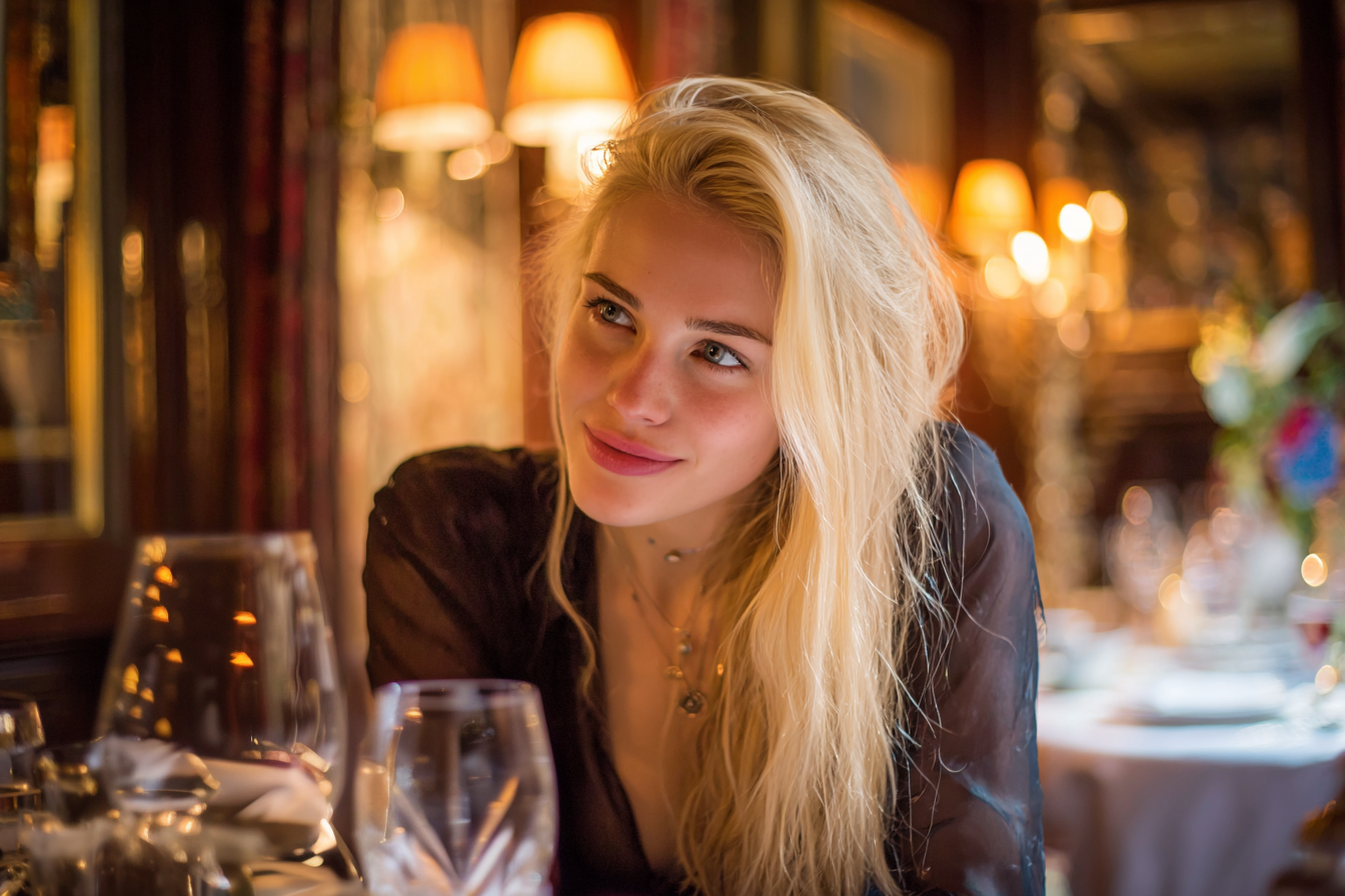 Une femme au regard féroce sourit à quelqu'un dans un restaurant | Source : Midjourney