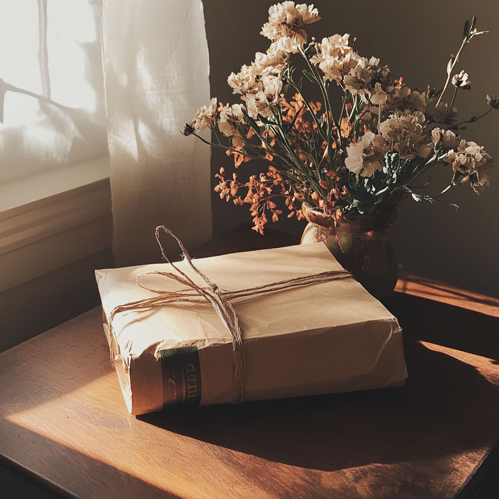 Un livre emballé et un bouquet de fleurs | Source : Midjourney