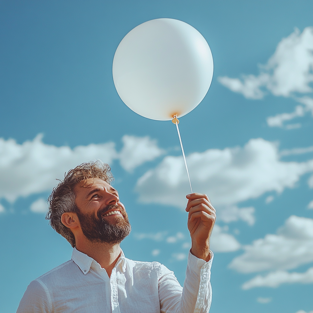 Un homme souriant s'apprête à lâcher un ballon dans le ciel | Source : Midjourney