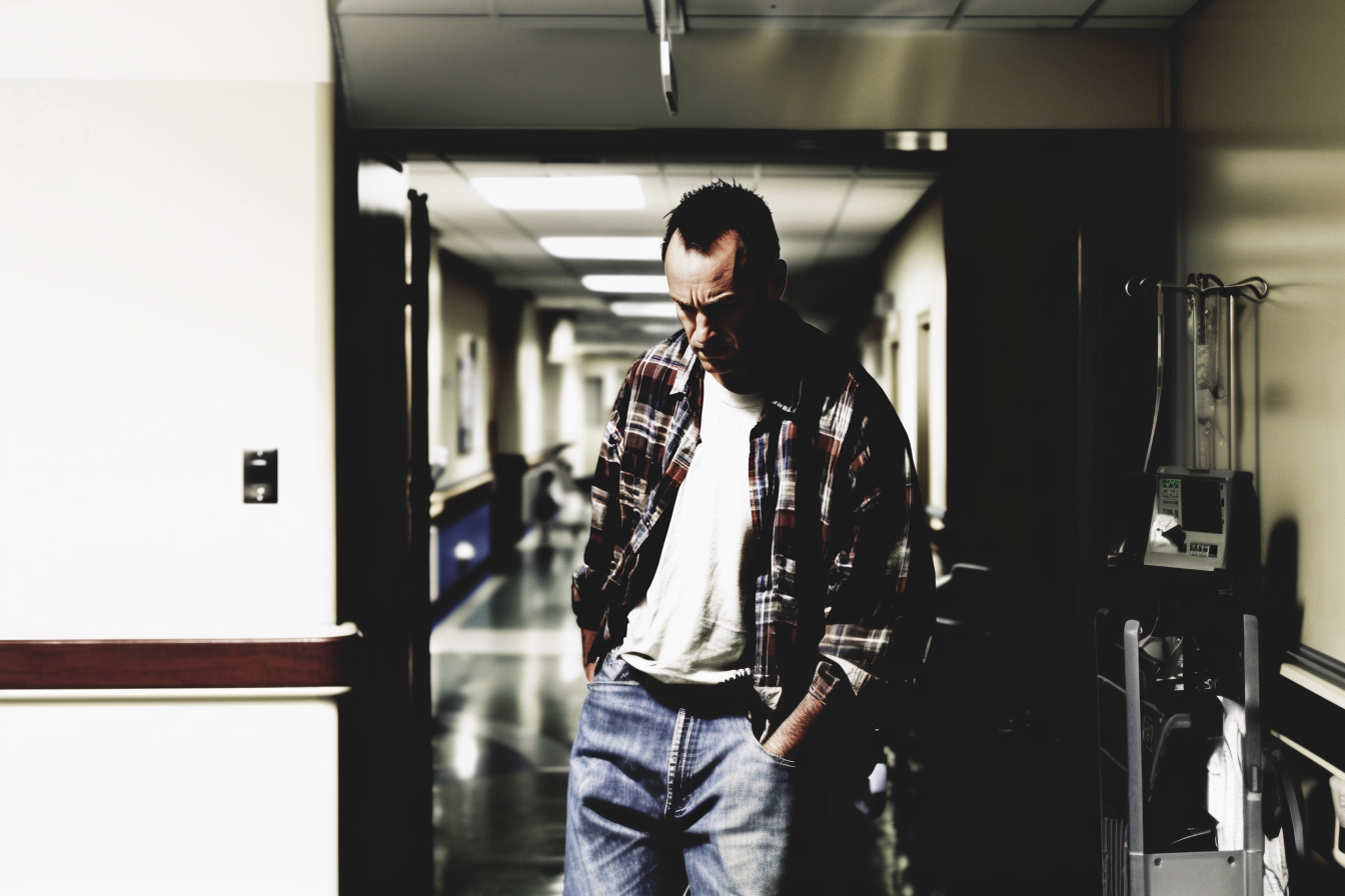 Un homme en colère marchant dans un couloir d'hôpital | Source : Midjourney