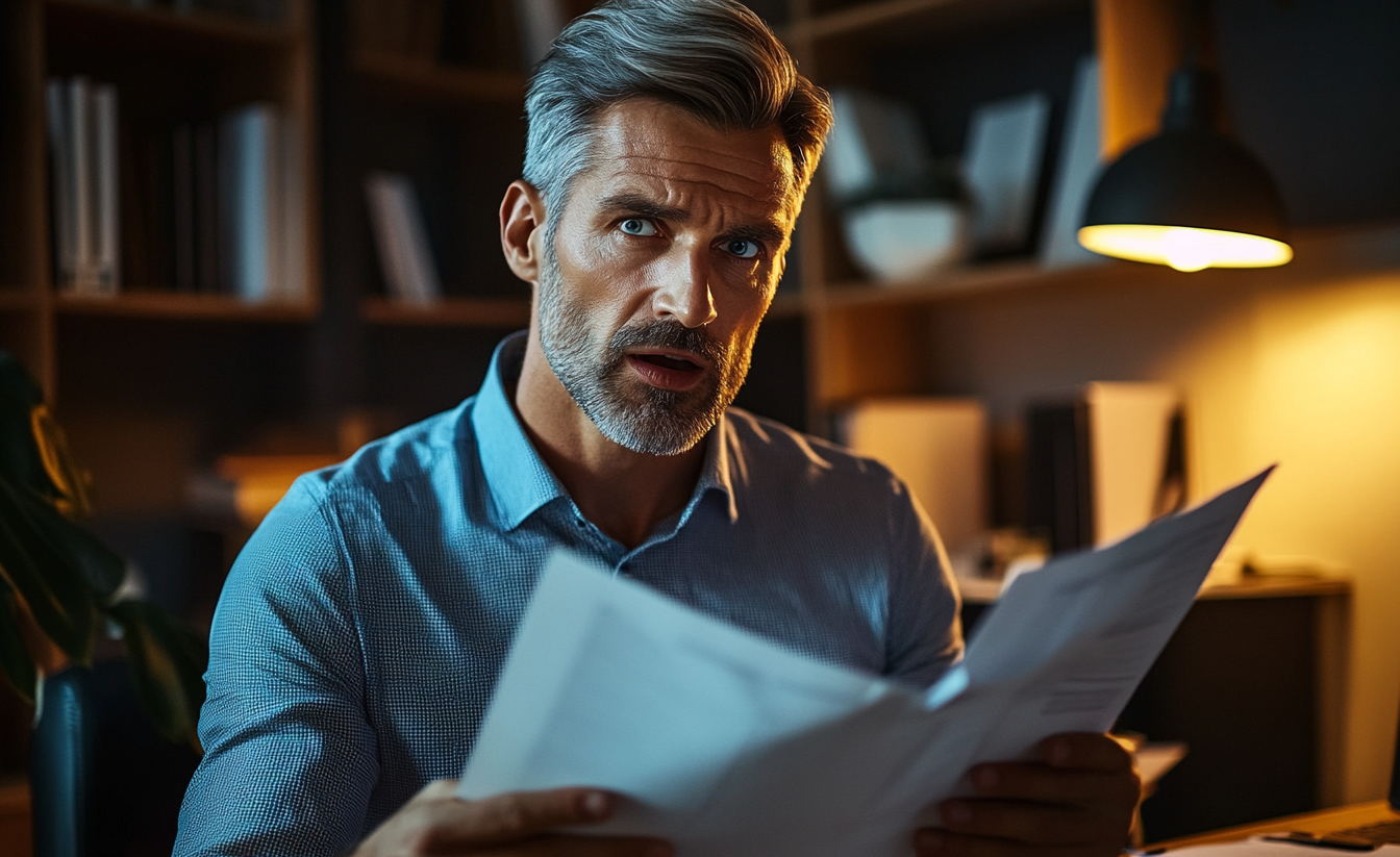 Un homme tenant des documents dans un bureau à domicile, l'air surpris | Source : Midjourney