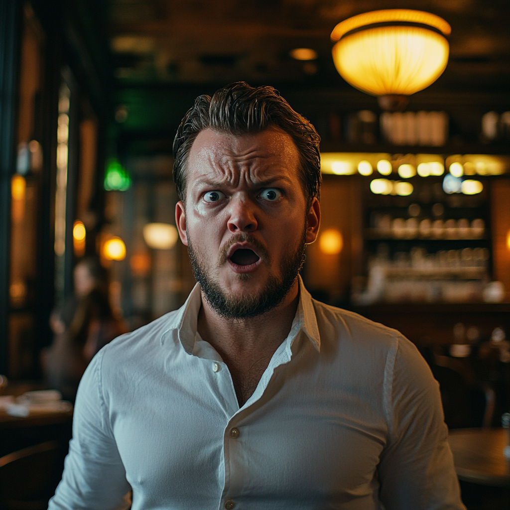 Un homme extrêmement choqué debout dans un restaurant | Source : Midjourney