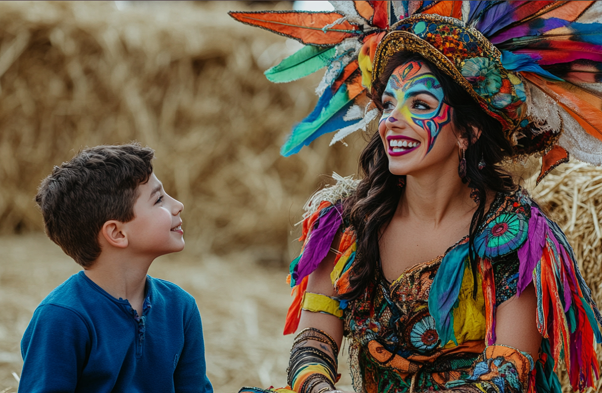 Une artiste de carnaval racontant une histoire à un garçon | Source : Midjourney