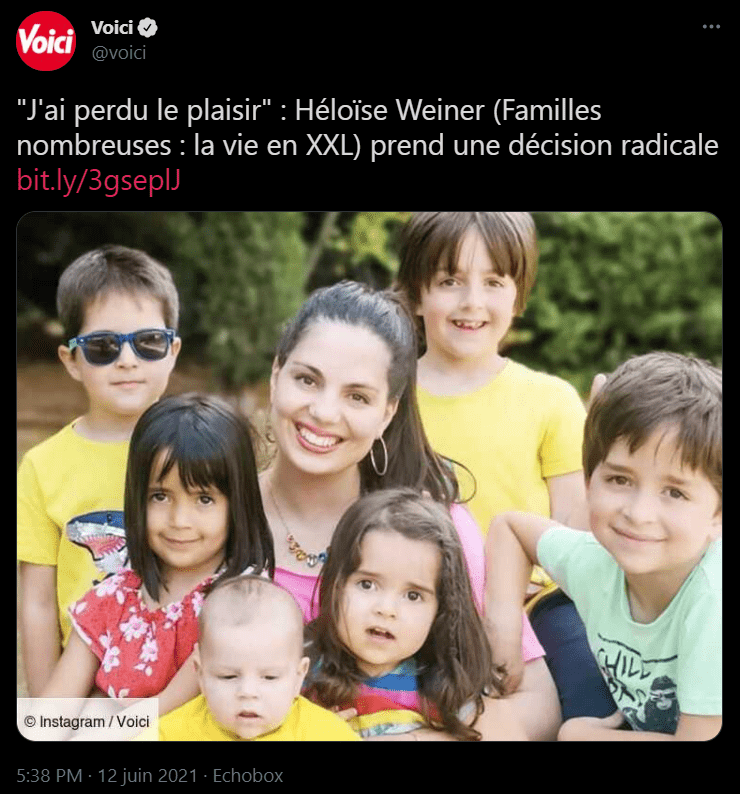 Image capturé du tweet du magazine Voici, sur l'émission "Famille nombreuse". | Photo : Twitter