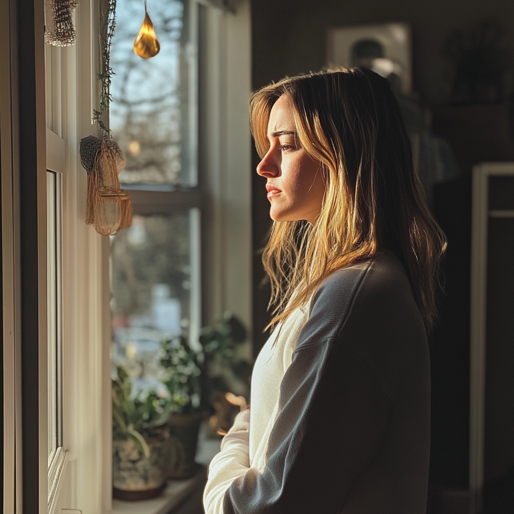 Une femme triste debout près de la fenêtre | Source : Midjourney