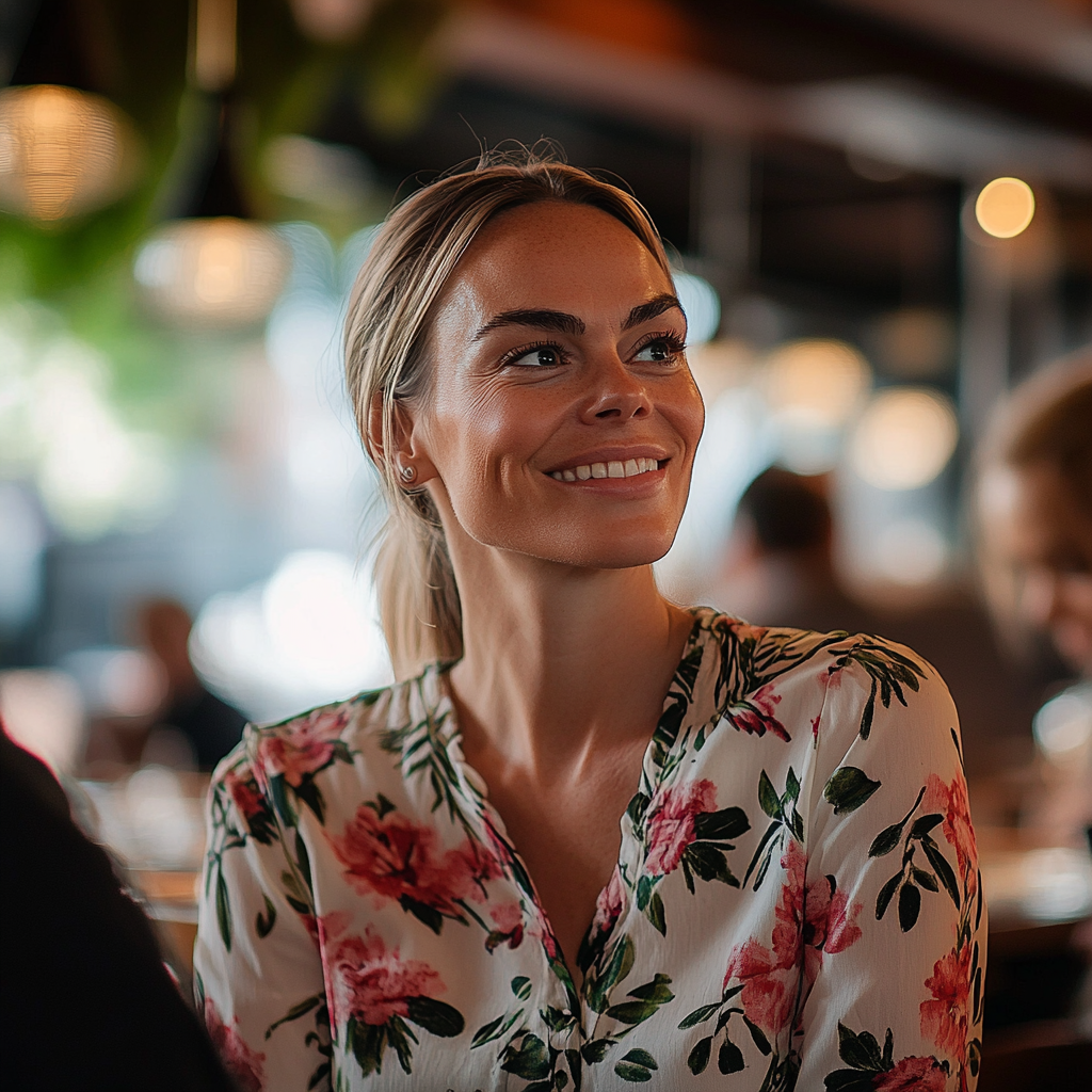 Une femme sourit en regardant quelqu'un dans un restaurant | Source : Midjourney