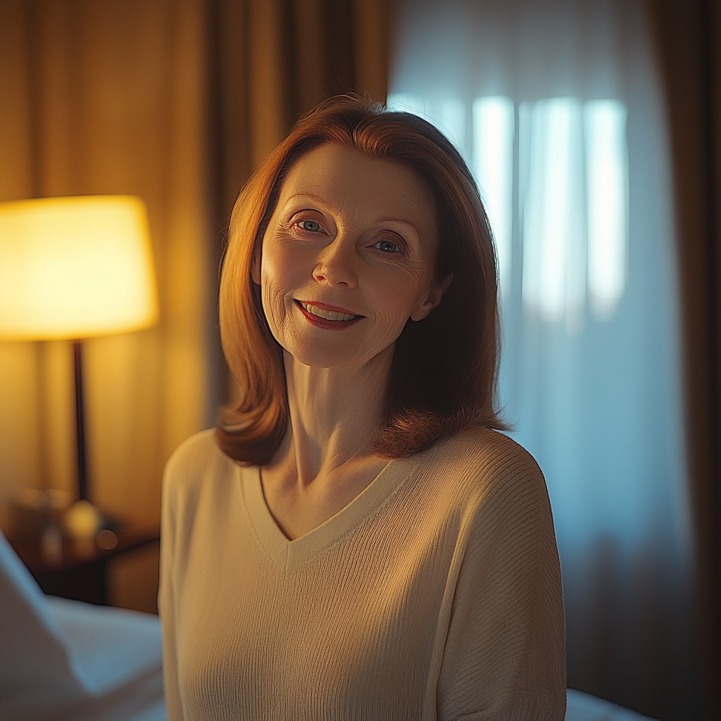 Une femme qui sourit dans une chambre d'hôtel | Source : Midjourney