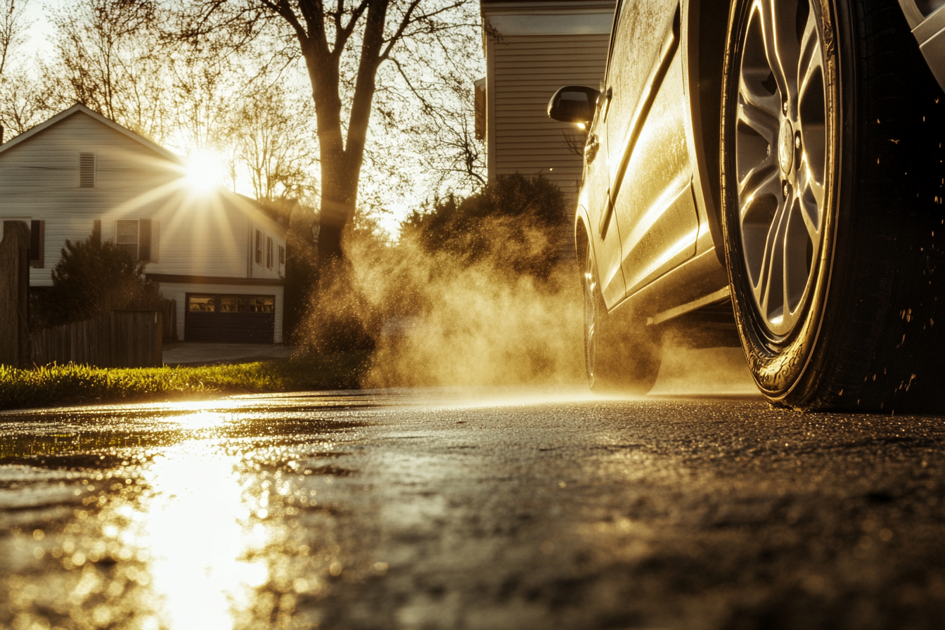 Pneus de voiture crissant dans l'allée d'une maison | Source : Midjourney