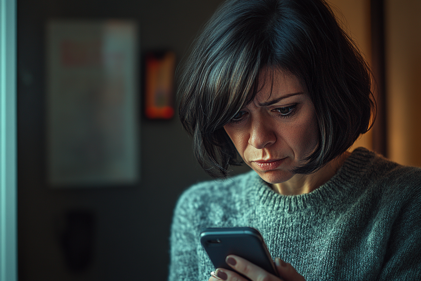 Une femme qui regarde son téléphone en fronçant les sourcils d'un air soucieux | Source : Midjourney