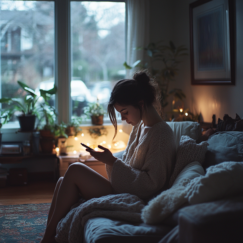 Une femme inquiète envoie un texto | Source : Midjourney